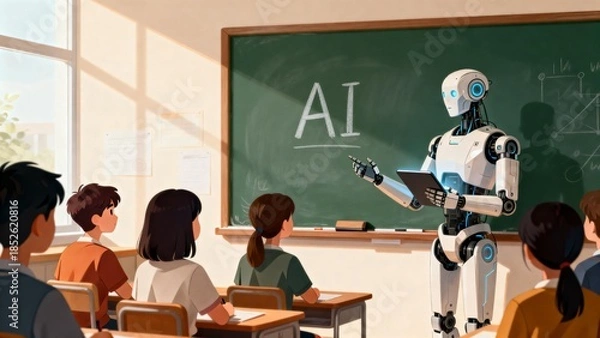 Obraz Robot teacher in classroom with students