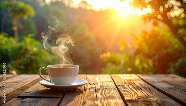 Obraz 朝日の差し込む屋外テーブルに置かれたコーヒーカップ