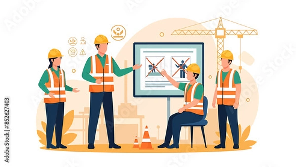 Obraz Construction workers attending a safety training session with a presentation.