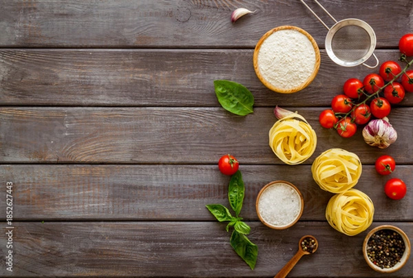 Obraz Fettuccine with ingredients for cooking pasta - tomatoes and basil with garlic - on a wooden background, top view. Flat lay