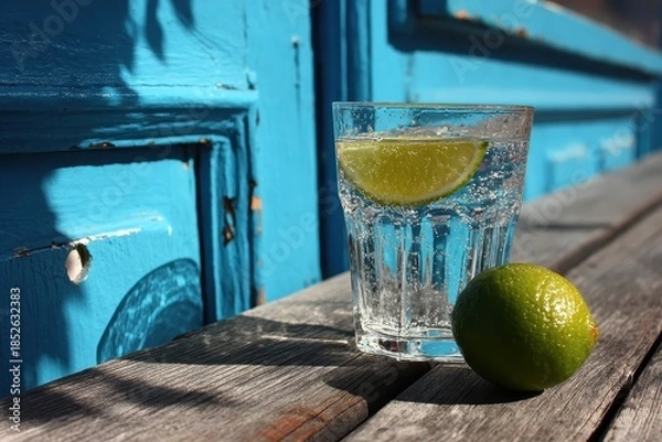 Fototapeta Sipping on a refreshing soda with lime on a rustic wooden table offers a moment of simple hydration and evokes a feeling of summer coolness