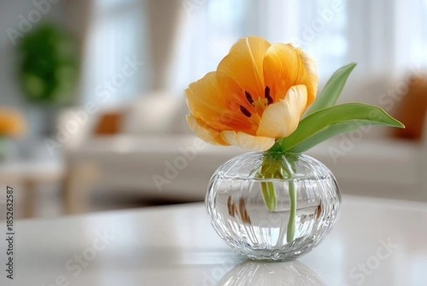 Fototapeta A yellow tulip graces a glass vase, its delicate petals and vibrant color enhancing the room's natural light and bringing the beauty of a floral arrangement indoors