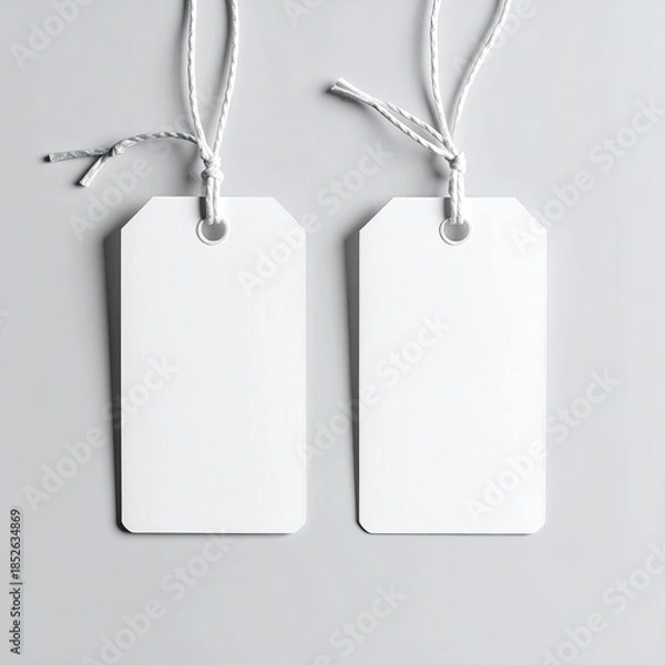 Fototapeta Two blank white rectangular tags, tied with white string, hang from a light gray background