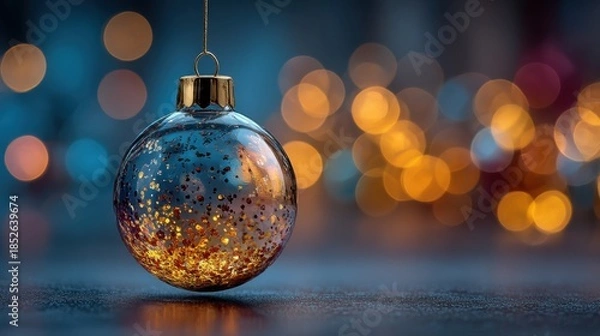 Fototapeta Holiday ornament hanging with warm glowing lights in the background during the festive season