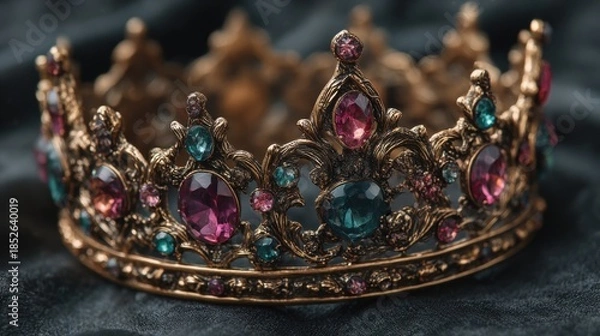 Fototapeta Ornate golden crown with colorful gemstones displayed on dark fabric