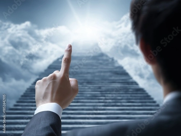 Obraz 雲の中に続く階段の先を指差して未来と目標を示すビジネスマンの挑戦と成長イメージ