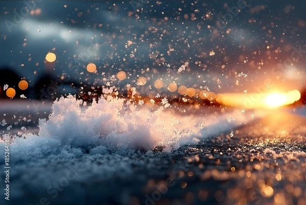 Obraz Water splashes dramatically on a wet surface at sunset.