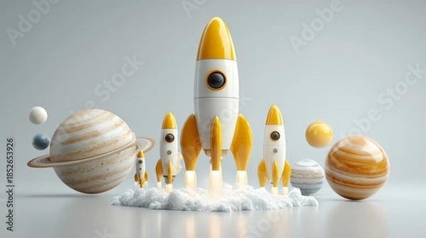 Obraz A cartoonish rocket carrying multiple stylized, small planets and spheres.