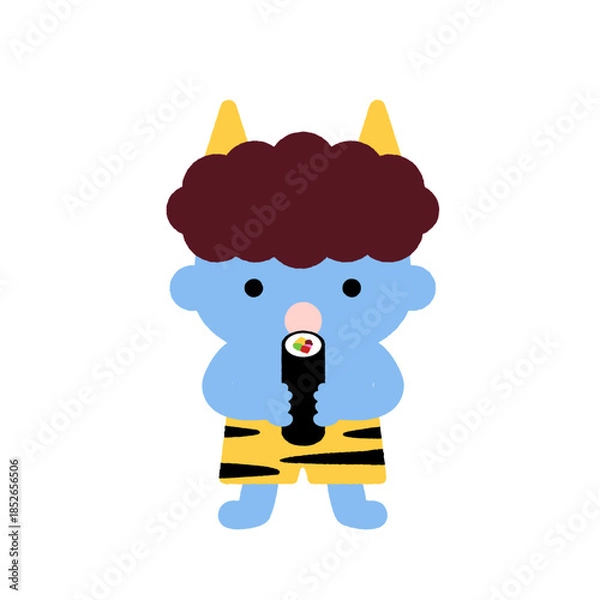 Fototapeta 節分の恵方巻きを食べるかわいい青鬼キャラクターイラスト｜子ども向け日本行事デザイン
