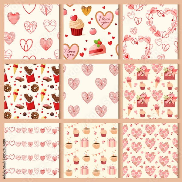 Obraz A set of seamless patterns with hearts. Vector.
