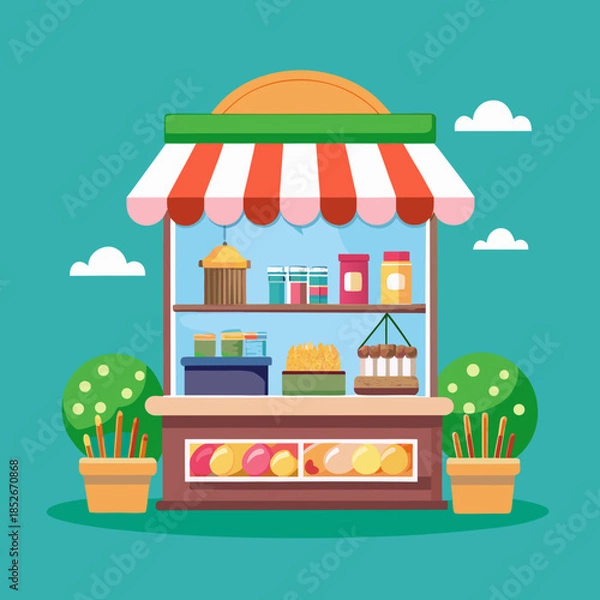 Obraz Small Bakery Shop Storefront with Products and Plants Vector Illustration