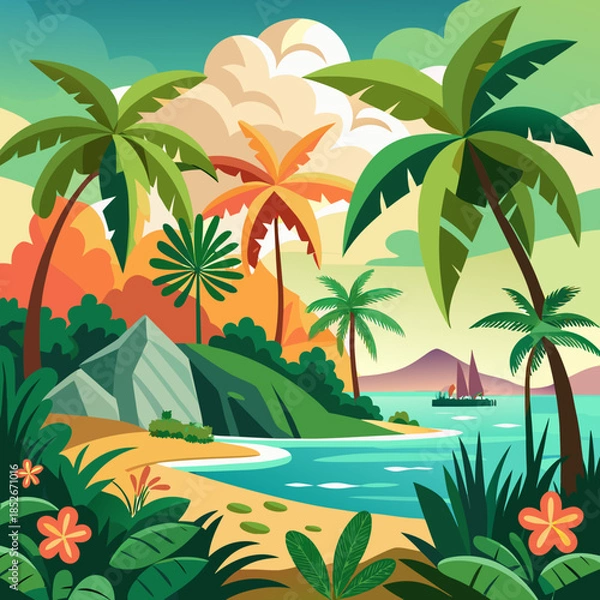 Obraz Tropical Beach Landscape with Palm Trees and Ocean Vector Illustration