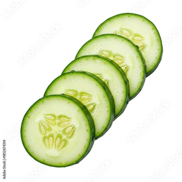 Fototapeta Row of fresh cucumber slices, clean cut-out for food composition