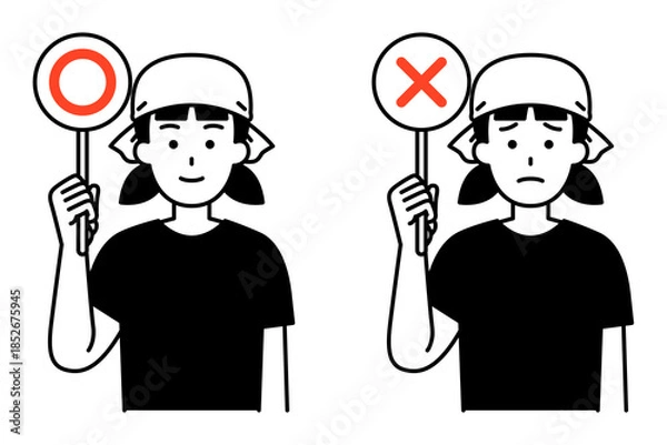 Fototapeta ○×マークを掲げる居酒屋の女性店員