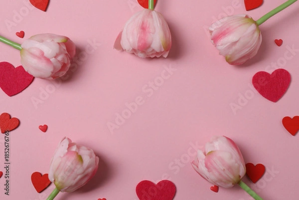 Fototapeta Valentine's Day banner with gift boxes surrounded by red hearts on a pink background. Perfect for romantic and festive events.
