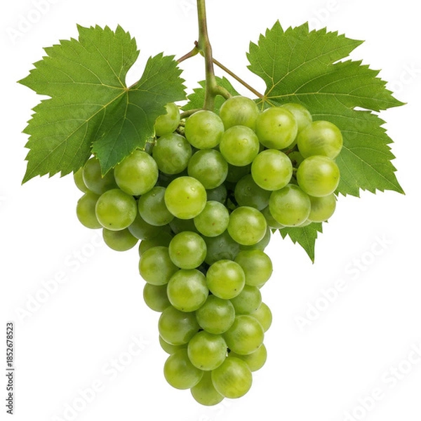 Fototapeta Bunch of fresh green grapes with leaves cut-out