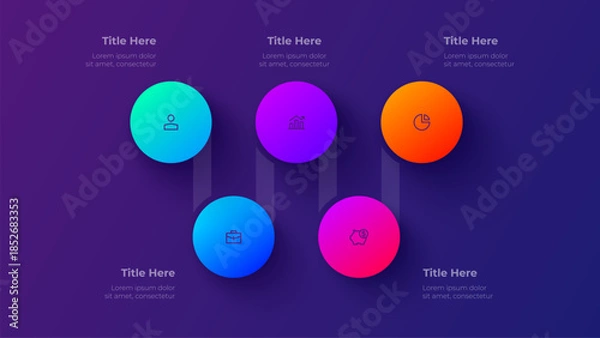 Obraz 5 Steps Circular Process Infographic Diagram on Dark Background for Presentation Template Vector Design