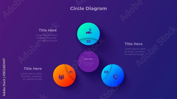 Obraz 3 Steps Circle Diagram Presentation Template with Three Step Process Options on Dark Background Vector