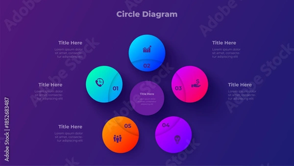 Obraz 5 Steps Circle Diagram Presentation Template with Five Step Process Options on Dark Background Vector