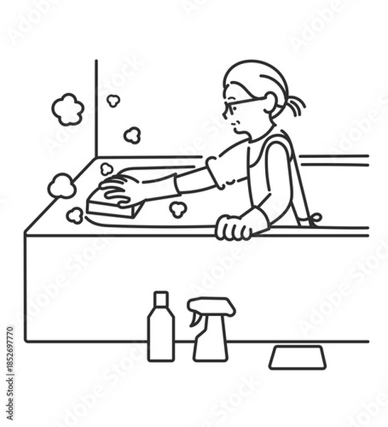 Fototapeta 風呂掃除をする40代女性のイラスト　線画のみ
