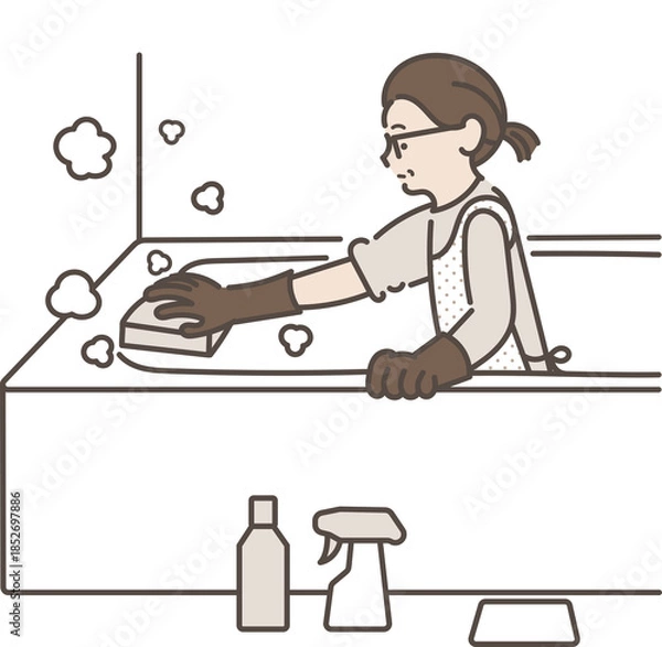 Fototapeta 風呂掃除をする40代女性のイラスト