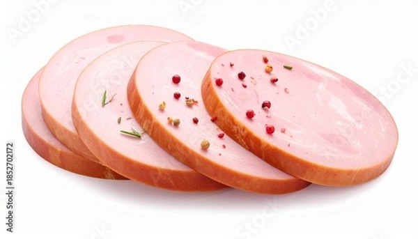 Fototapeta Bologna Sausage Slices – Smooth Pink Interior with Herb and Peppercorn Garnish