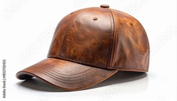 Fototapeta Brown Leather Baseball Cap – Structured Crown with Ventilation Eyelets and Curved Brim