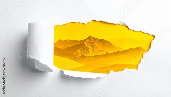 Fototapeta Torn White Paper Revealing Yellow Landscape – Mountain Peaks and Rolling Hills with Window-Like Effect