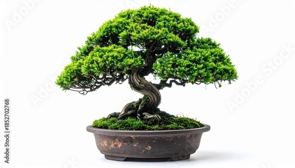 Fototapeta Bonsai Tree in Ceramic Pot – Gnarled Trunk and Symmetrical Canopy with Moss Base