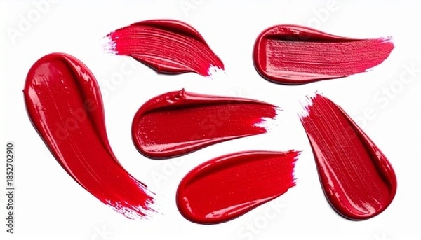Fototapeta Red Lipstick Smears – Glossy Cosmetic Strokes with Varied Texture on White Surface