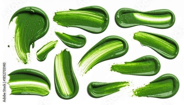 Fototapeta Green Paint Smears with Leaves – Artistic Brush Strokes and Natural Elements on White Background