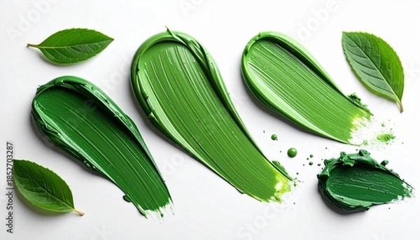 Fototapeta Green Paint Smears with Leaves – Artistic Brush Strokes and Natural Elements on White Background
