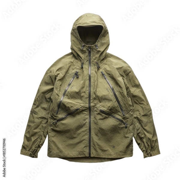 Obraz Olive green hooded jacket with multiple zippered pockets and adjustable hem