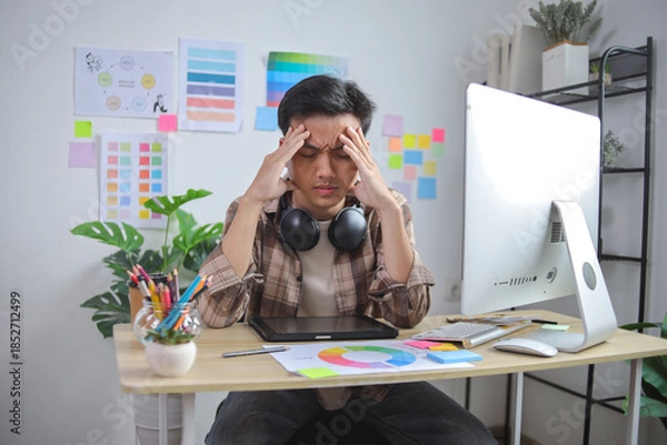 Obraz Stressed Graphic Designer With Headphones Around His Neck