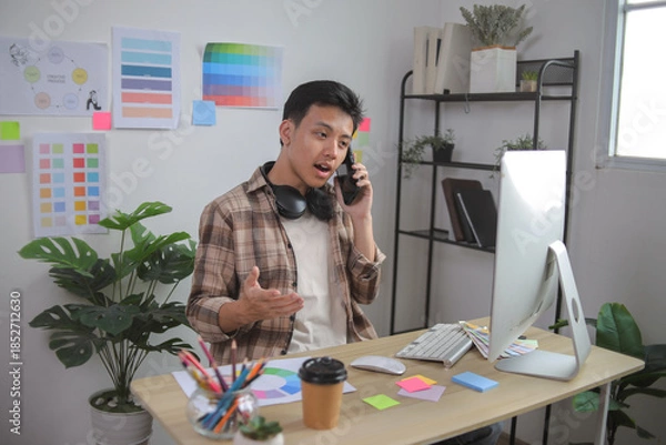 Obraz Young Asian Graphic Designer Discusses Work on Phone Call at His Modern, Bright Home Office Desk