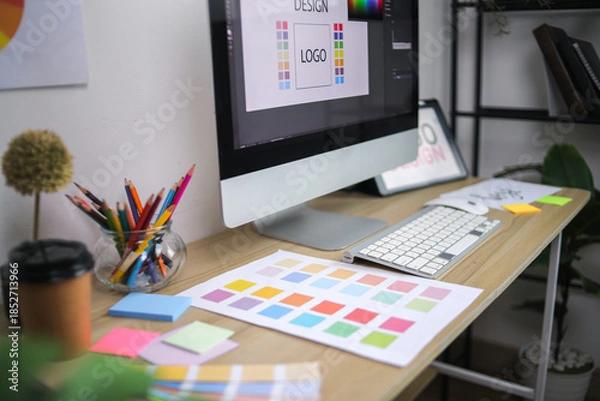 Obraz Modern Graphic Design Workspace With Computer Showing Logo Concept Color