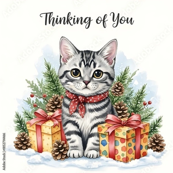 Fototapeta Cute American shorthair cat with holiday gifts and pinecones in winter scene  