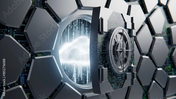 Obraz Secure data storage with futuristic vault door and honeycomb pattern