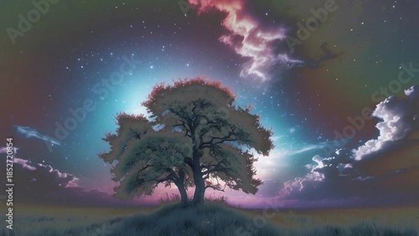 Obraz 美しいマジックアワーの空と世界樹と逆光の地平線風景