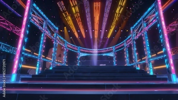 Obraz サイバー未来型デジタルステージ舞台歌番組風背景とサイリウムの観客席	
