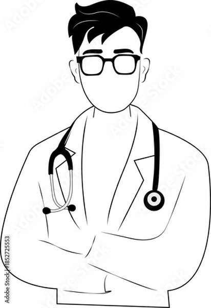 Fototapeta A male doctor in a medical coat stands with his arms crossed. Medical consultations. Medicine and healthcare. Qualified specialist. Confident in his knowledge.