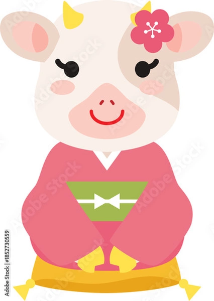Fototapeta 着物を着た牛のキャラクター