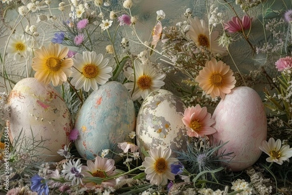 Obraz selective focus spring flowers surrounding pastel easter eggs