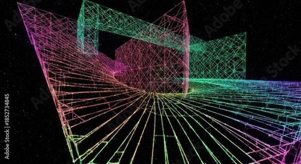 Obraz Geometric abstract in space, multi-colored wireframe structures