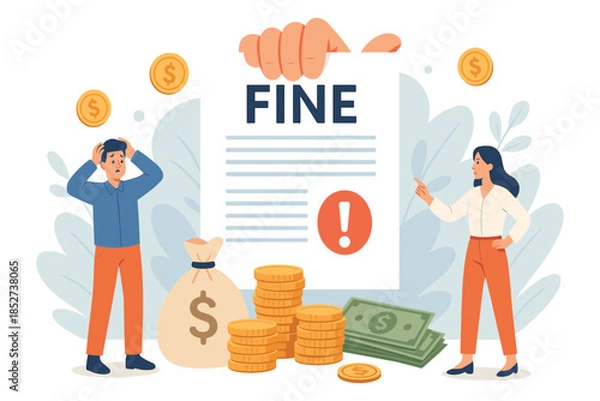 Obraz People reacting to financial penalty notice, large fine document with warning symbol, money piles showing payment impact, flat vector illustration