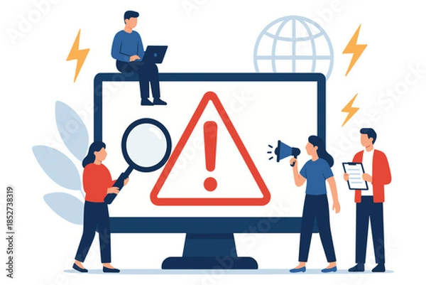 Obraz Team analyzing system alert on computer, people inspecting warning symbol with magnifier and megaphone, global network concept, flat vector illustration