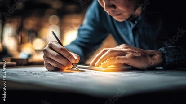 Obraz Man drawing blueprint design focusing on architectural project