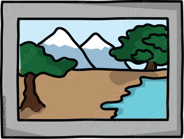 Obraz Cartoon landscape painting in a gray frame with mountains, trees, and a lake