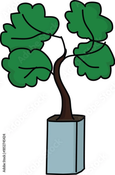 Obraz Cartoon green potted houseplant in a blue rectangular vase illustration