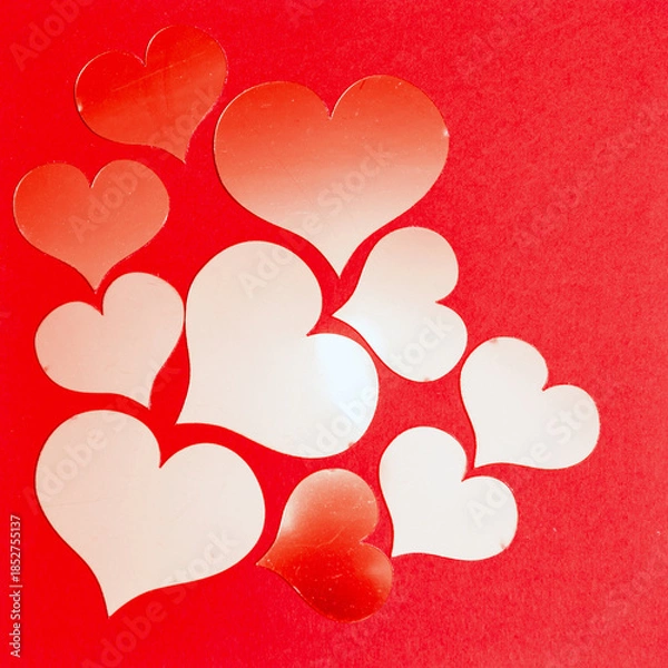 Obraz Red and white heart shape confetti scattered on a solid red background. Love and romance concept for Valentines Day greeting card or wedding anniversary.